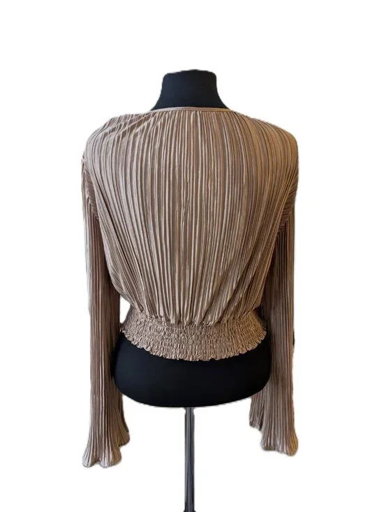 Champagne Gold Metallic Plissé Twist Knot Long Sleeve Crop | NWOT - Picture 4 of 5